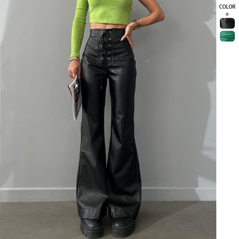 Women's Leather High Waist Stretch Metal Hole Lace-up Pants