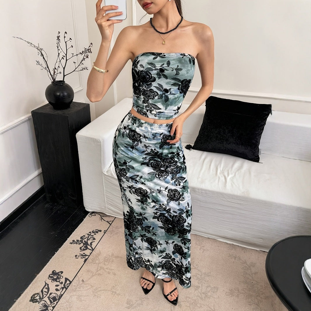 Sleeveless Printed Skirt Set Fashionable And Elegant Two-Piece Womens Outfit