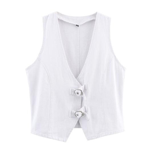 Snap-button Denim Vest Sleeveless Top For Women