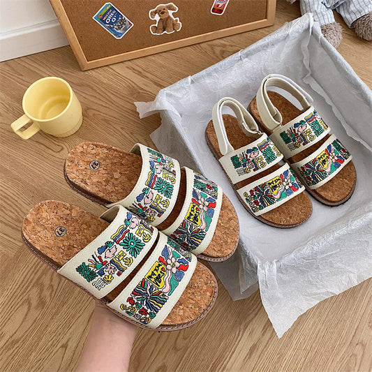 Women's Embroidered Sandals Cork Sole Special-interest Design