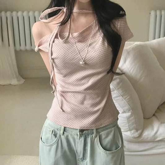 Knotted Slim Fit Backless Halter Short Sleeve Top