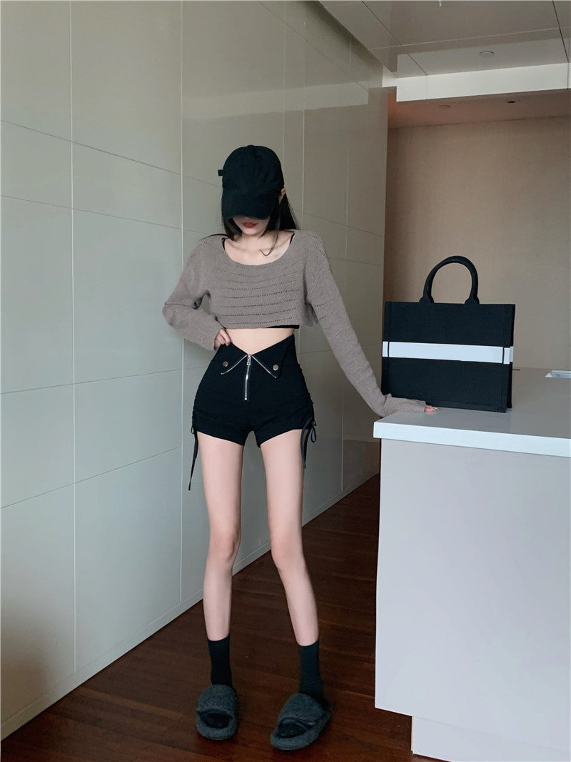 Black Small High Waist Thin Wide Leg Pants