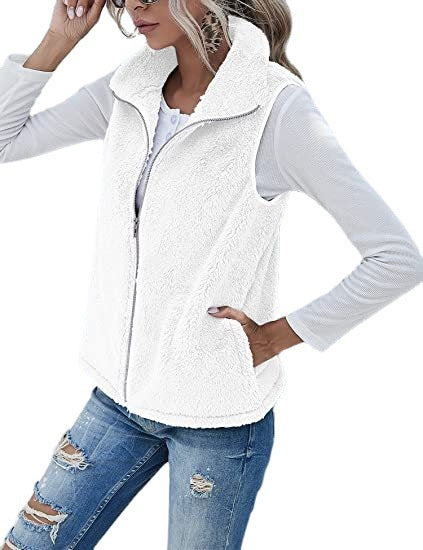 Plush Stand Collar Sleeveless Zipper Lightweight Vest