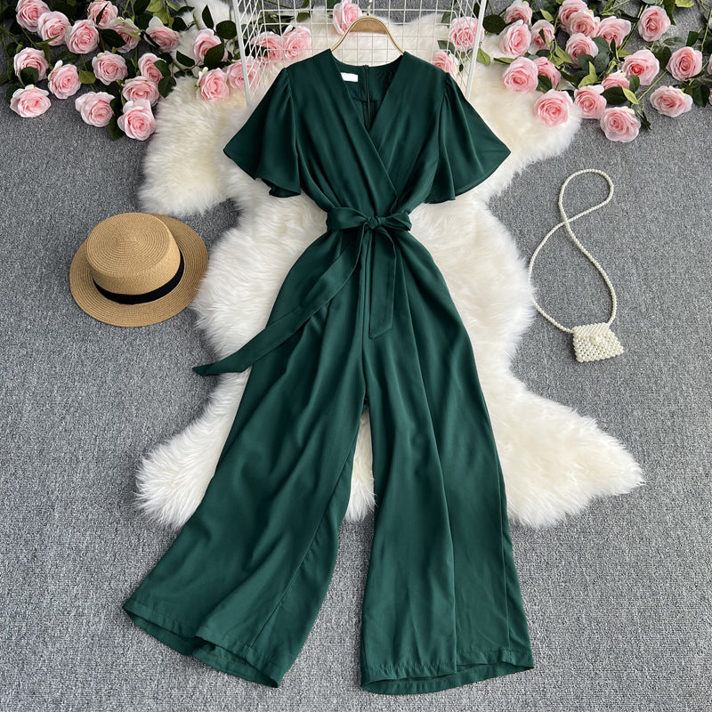 Retro Fashionable Temperament V-neck Short-sleeved Waist Jumpsuit