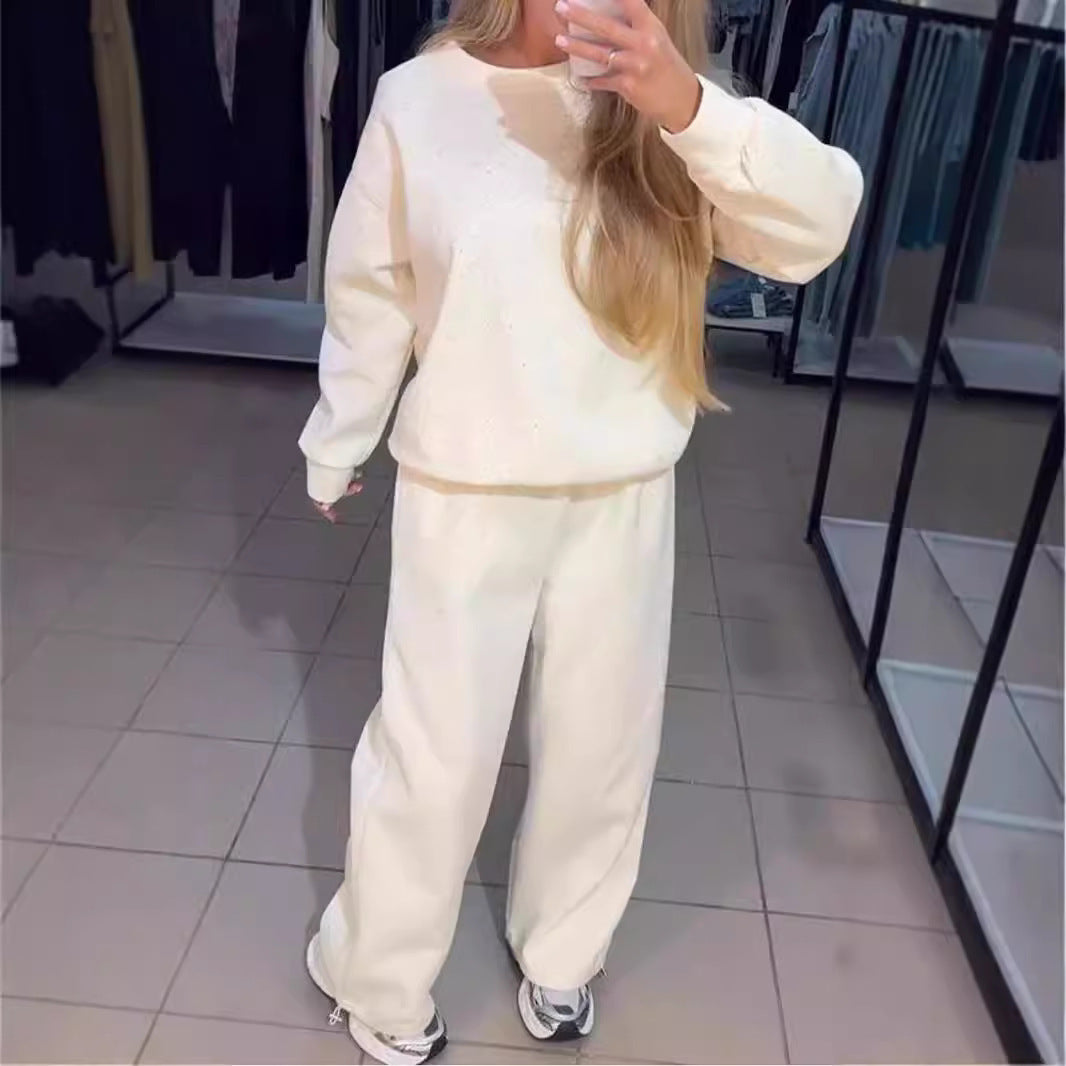 Womens Casual Crew-Neck Long-Sleeve Drawstring Ankle-Cuff Set