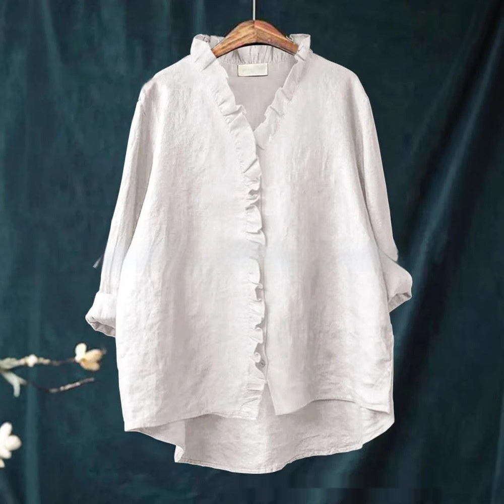 Ruffled-edge Mid-length Loose-fit Cotton Solid-color Shirt