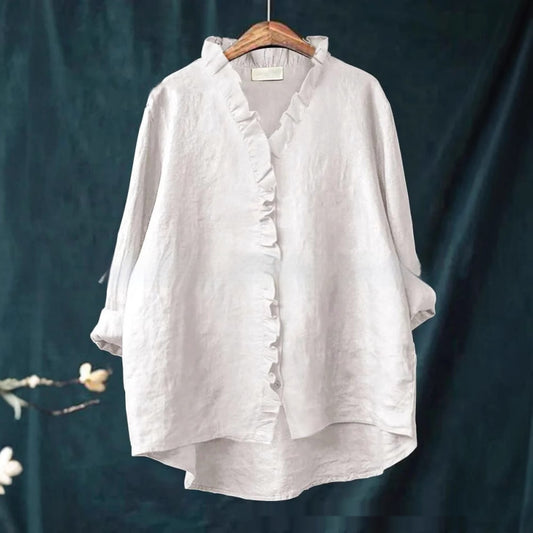 Ruffled-edge Mid-length Loose-fit Cotton Solid-color Shirt