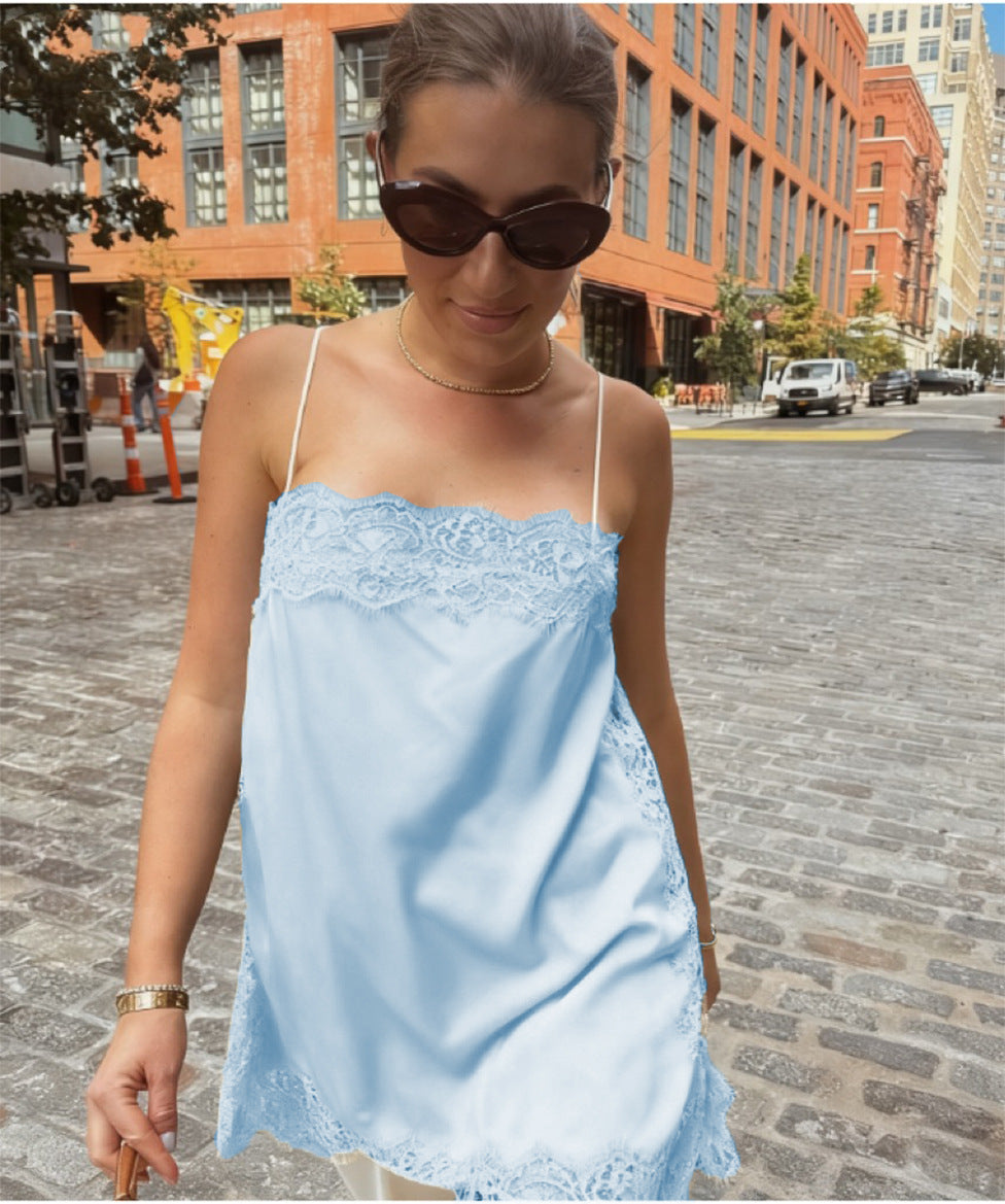 Lace-Trimmed Solid-Color Womens Sexy Strappy Top In A Sassy Chic Style