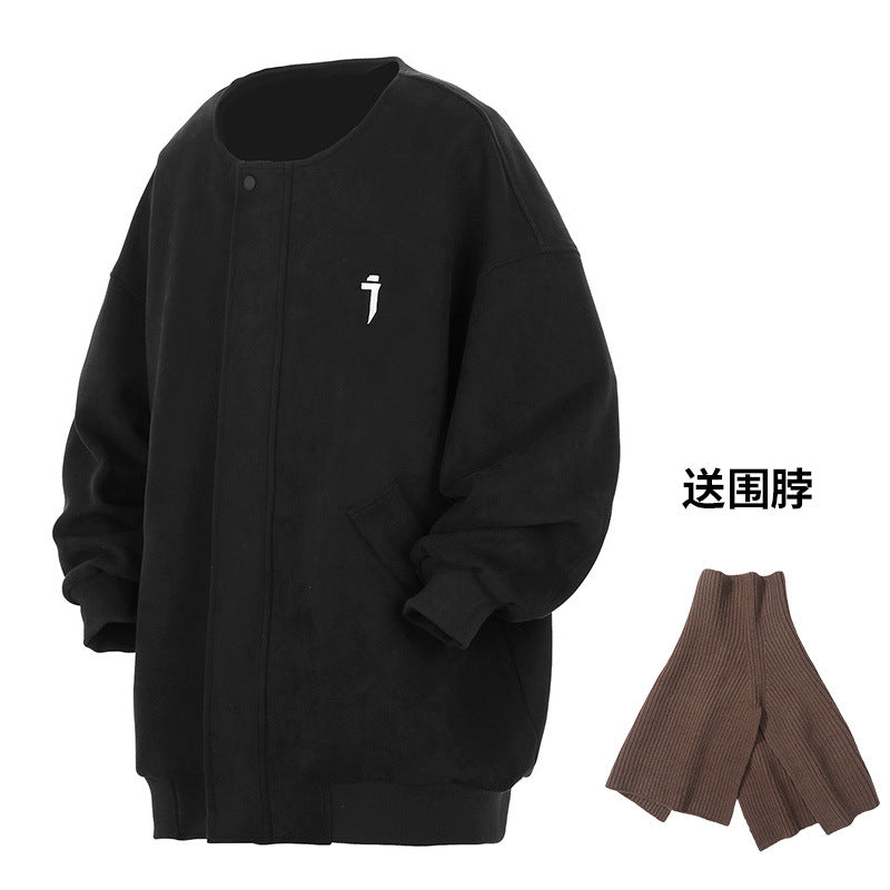 Suede Round Neck Cardigan Coat Men's Baggy Casual Jacket Free Scarf