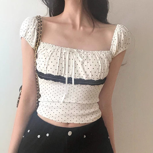 Women's Polka Dot Lace Stitching Tied Square Collar Short Sleeve Top