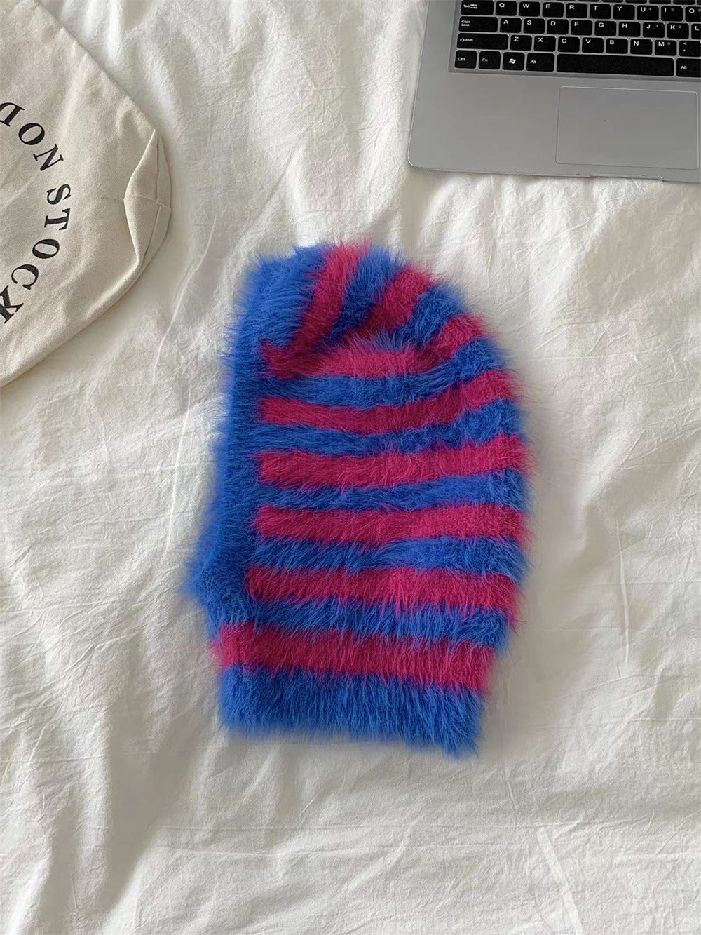 Striped Furry Contrast Color Knitted Woolen Cap