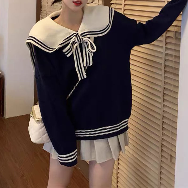 Loose And Lazy Style Contrast Sweet Navy Collar Sweater Women