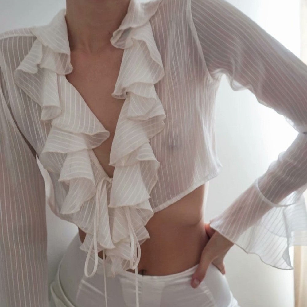 Light Transparent Striped Sunscreen Shirt Cardigan Long Sleeve V-neck Slim Women's Shirt