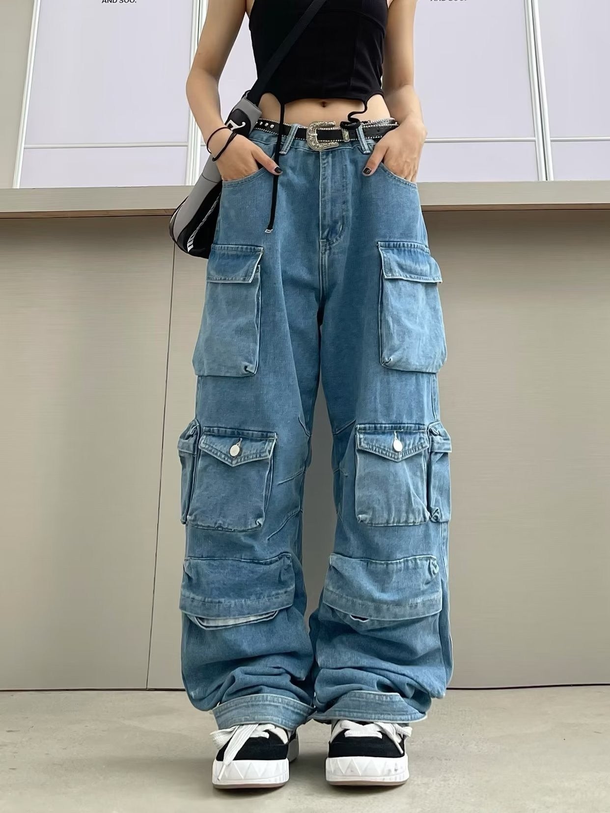 High Waist Trousers Street Hipster Multi-pocket Wide Leg Tie-dyed Jeans