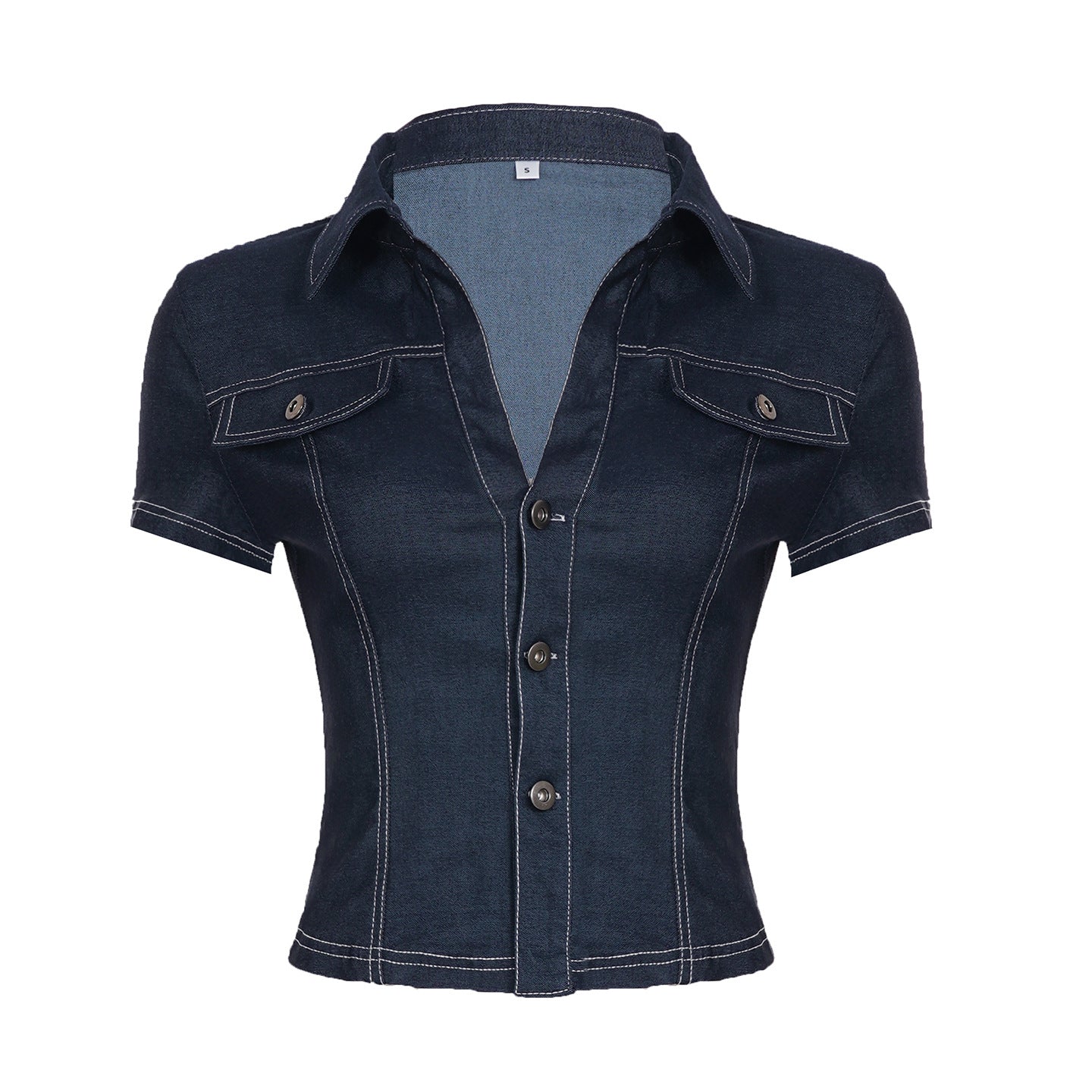 Retro Denimskjorte med Revers og Lommer til Kvinder
