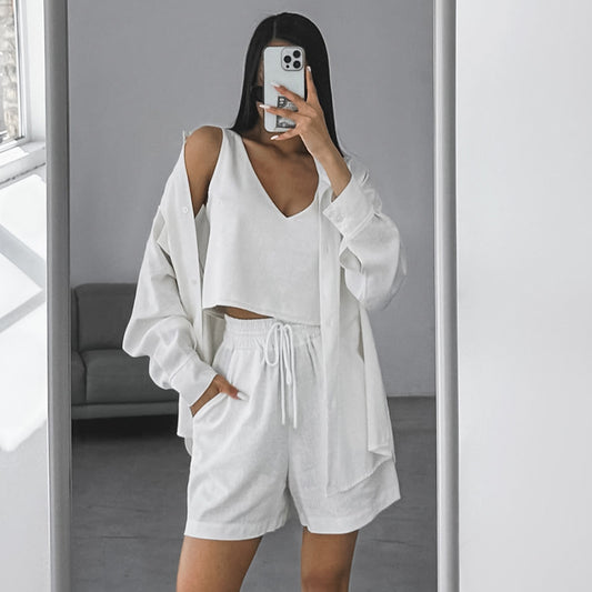 Pure Cotton Loose-Fit Wearable-at-Home Vest Shirt And Shorts Pajama Set 3 Pieces