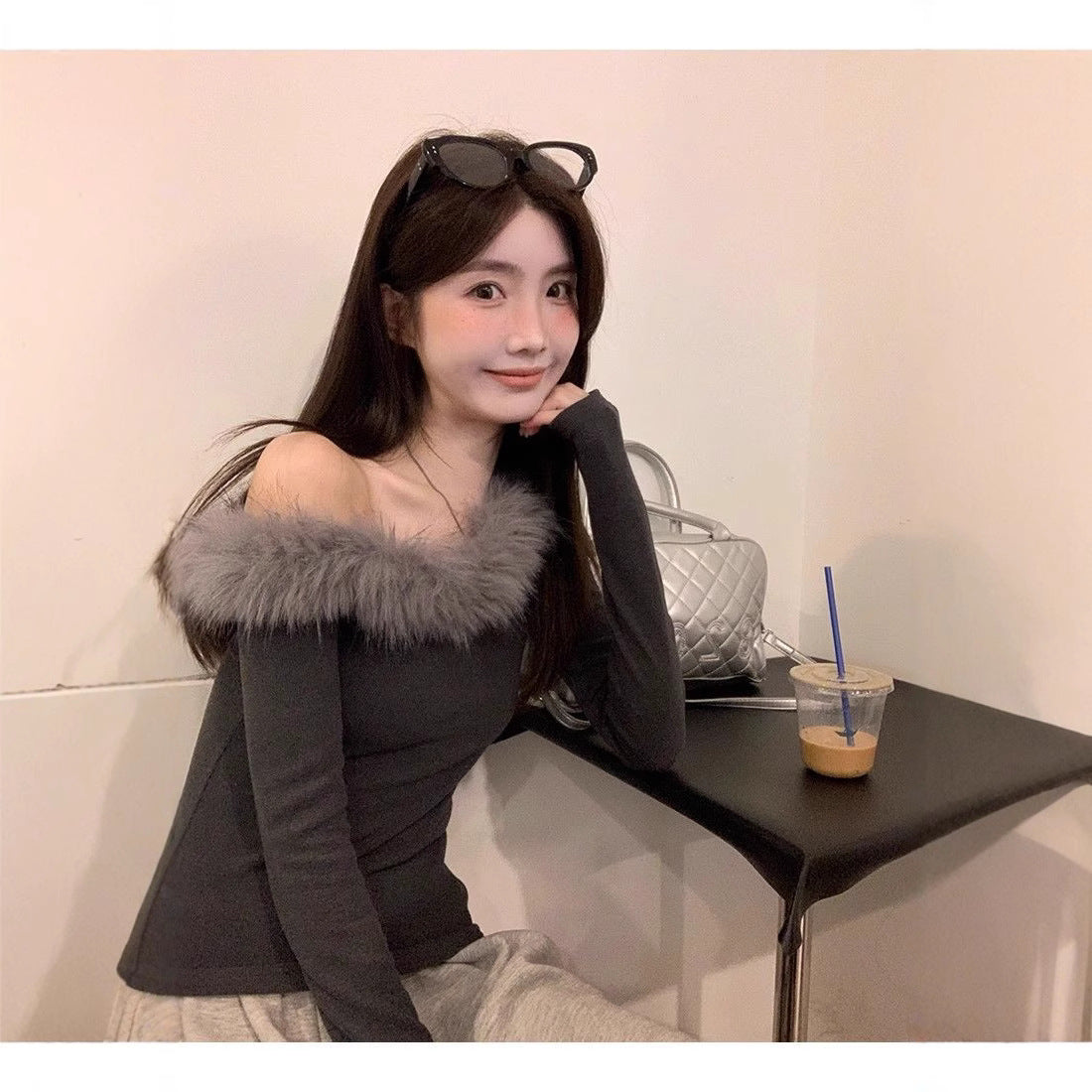 Womens Fluffy Slanted-shoulder Long-sleeve Top