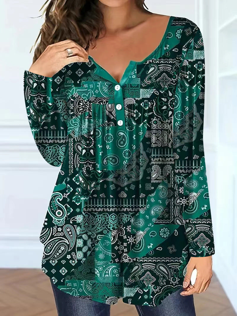 Paisley Mønster Elegant Løs Knap V-hals Top Dame T-shirt