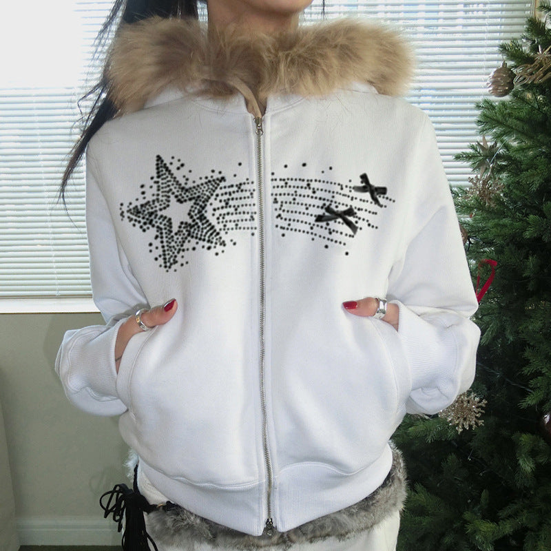 New Retro Fur Collar Stitching Zipper Sweater Cardigan