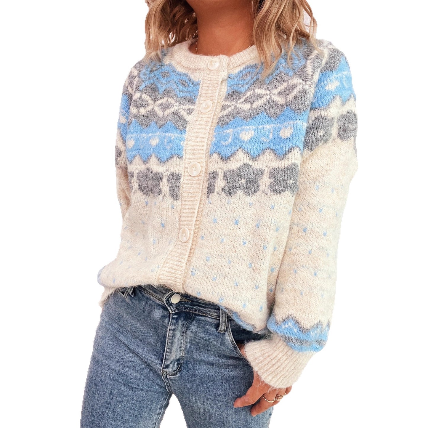 Retro Ethnic Style Knitted Jacquard Coat Round Neck Single-breasted Sweater
