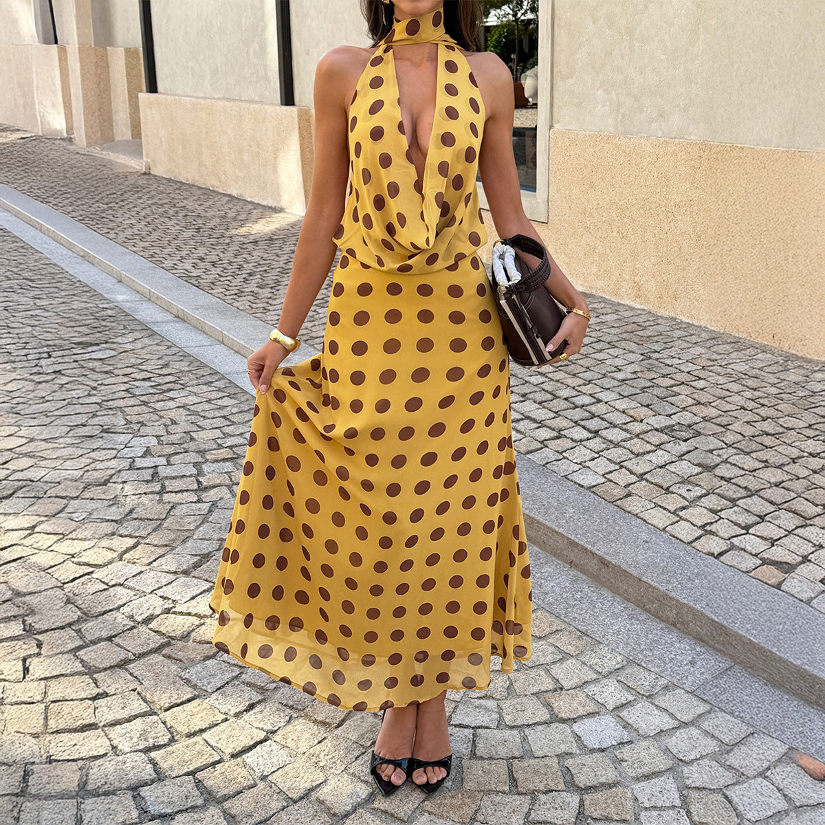 SpringSummer Retro Elegant Neck-Close Deep V-Polka-Dot Dress