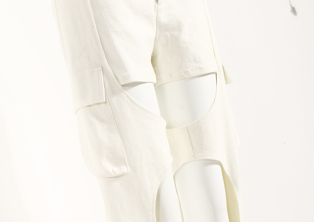 White Hollow-out Lace-up Keel Strap Tube Top Jeans Women's Suit