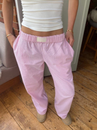 Vertical Stripes Stitching Waist Elastic Wide Leg Pants Fake Two Pieces