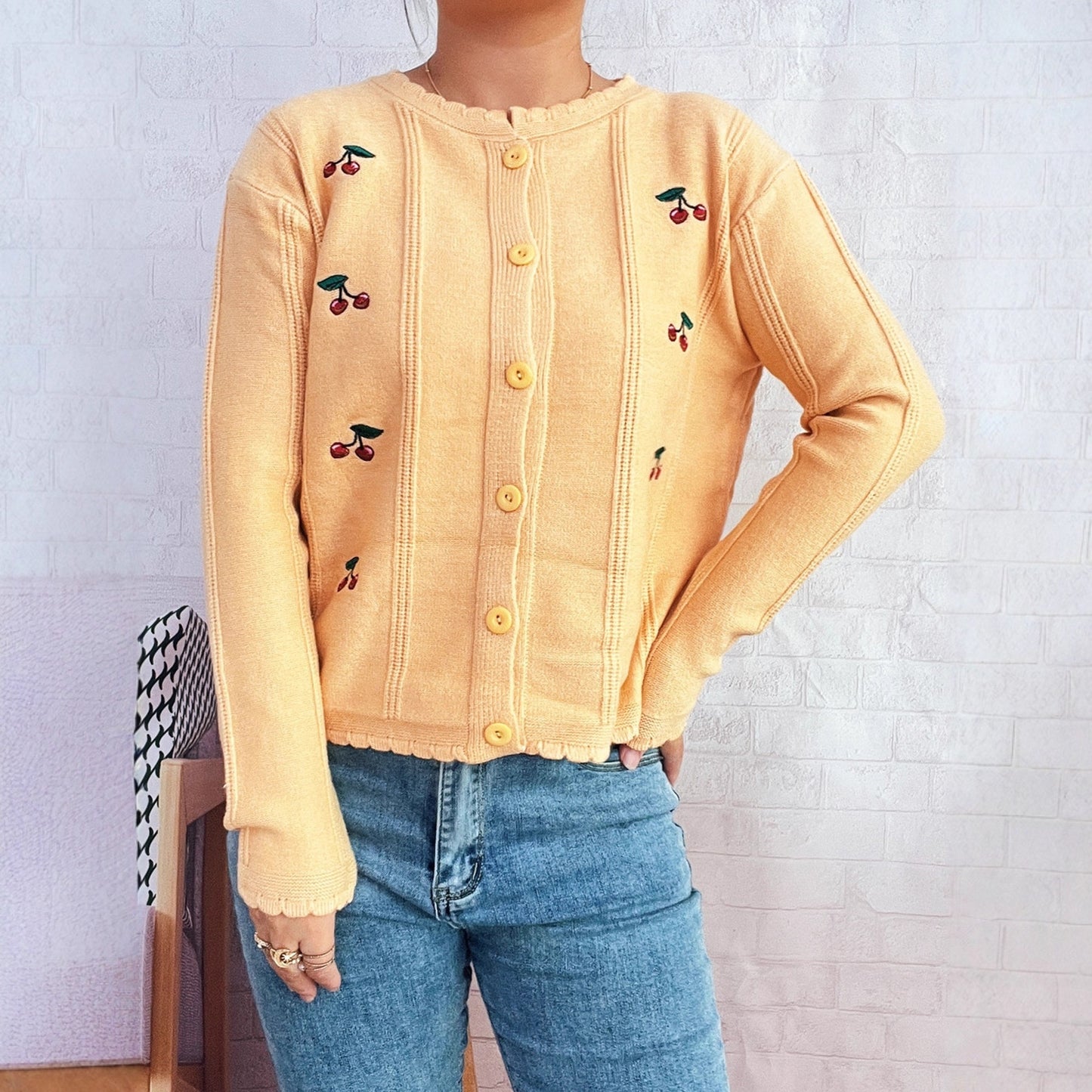 Kirsebærbroderet Sød Stil Bølget Rund Hals Enkeltradet Sweater Cardigan