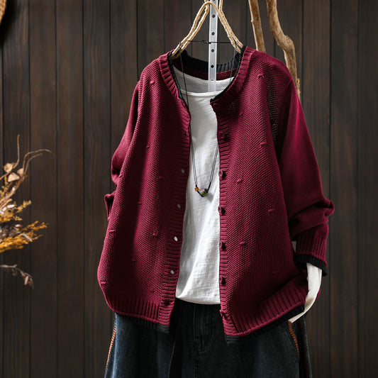 Women's Cardigan Sweater Coat Color Block Cotton Thread Knitting Retro Casual