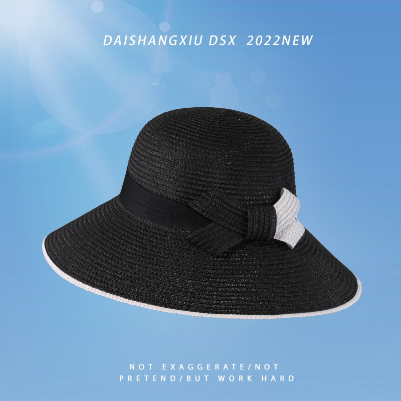 Spring And Summer Big Brim Straw Hat Fashion All-match Two-color Bow Breathable
