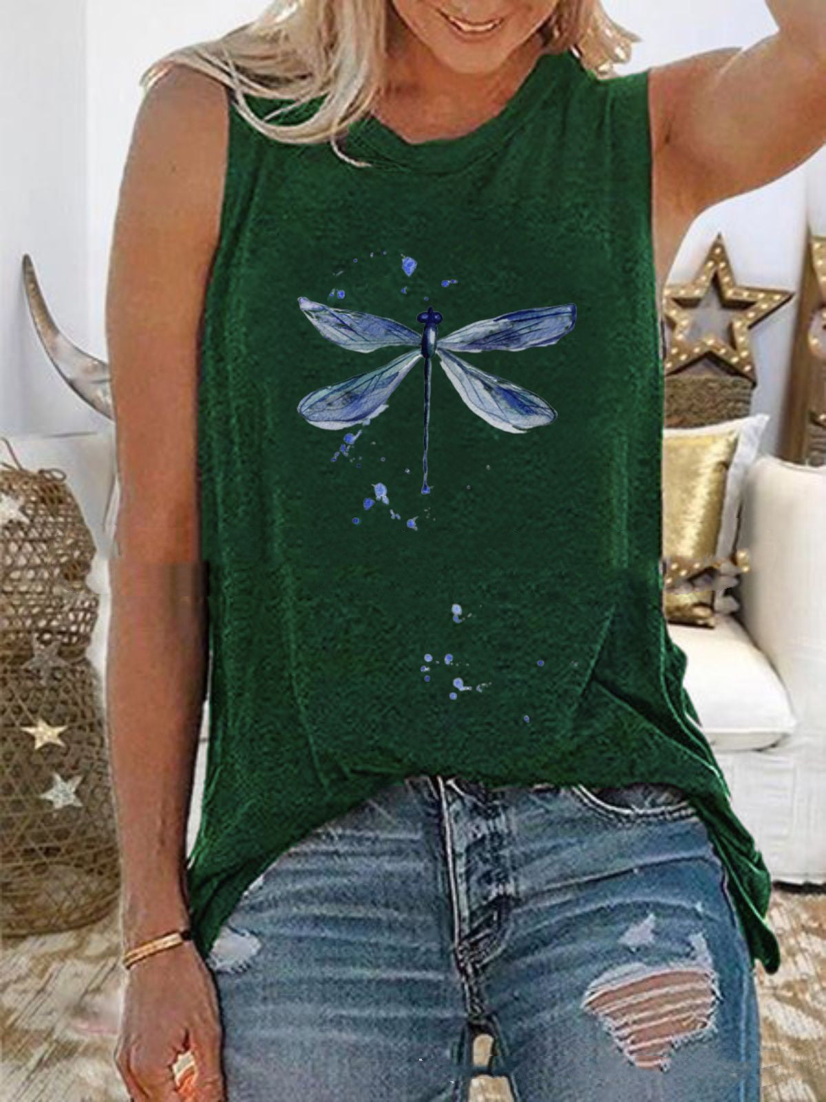 European And American New Dragonfly Print Sleeveless Vest