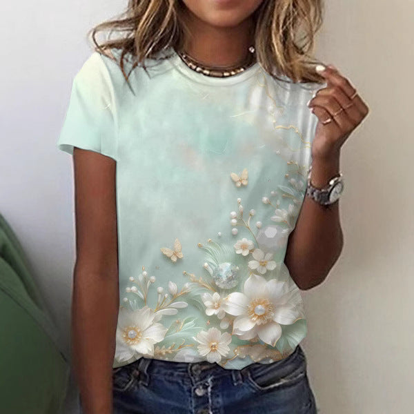 3D Digital Print Kvinder Casual Rundhals Top T-shirt
