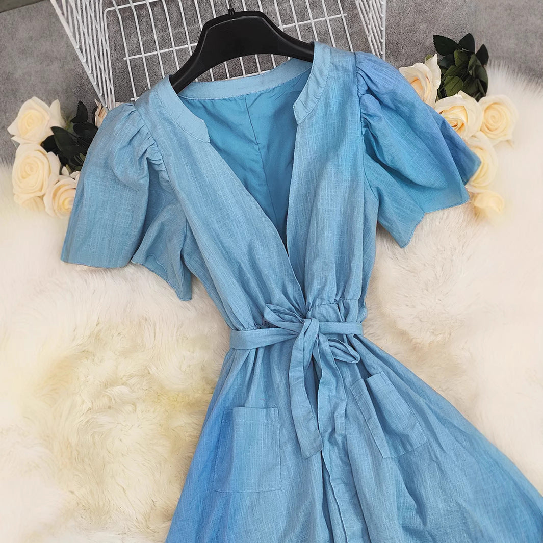 Womens Blue High-waisted Short-sleeve Lace-up Dress