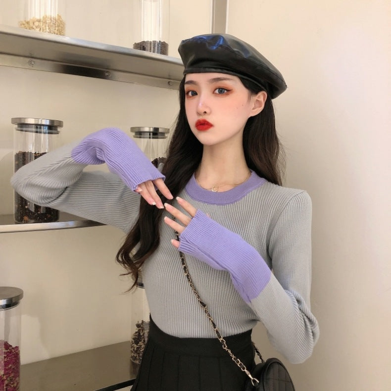 Women's Round-neck Sweater With Design Sense And Finger-loop Undershirt