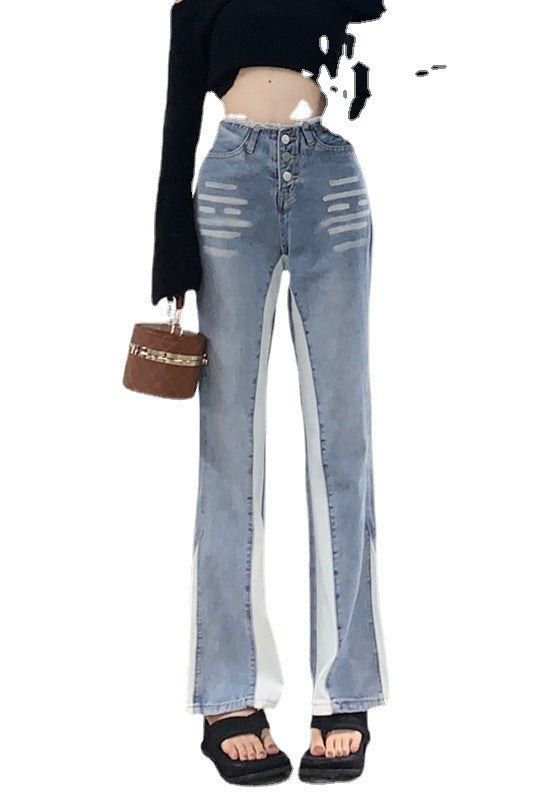 Design Contrast Color Jeans High Waist Show Long Legs