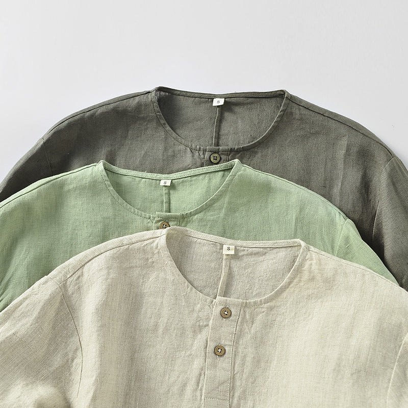 Casual Linen Men's Simple Round Neck 34 Sleeves Linen T-shirt Loose Breathable Top