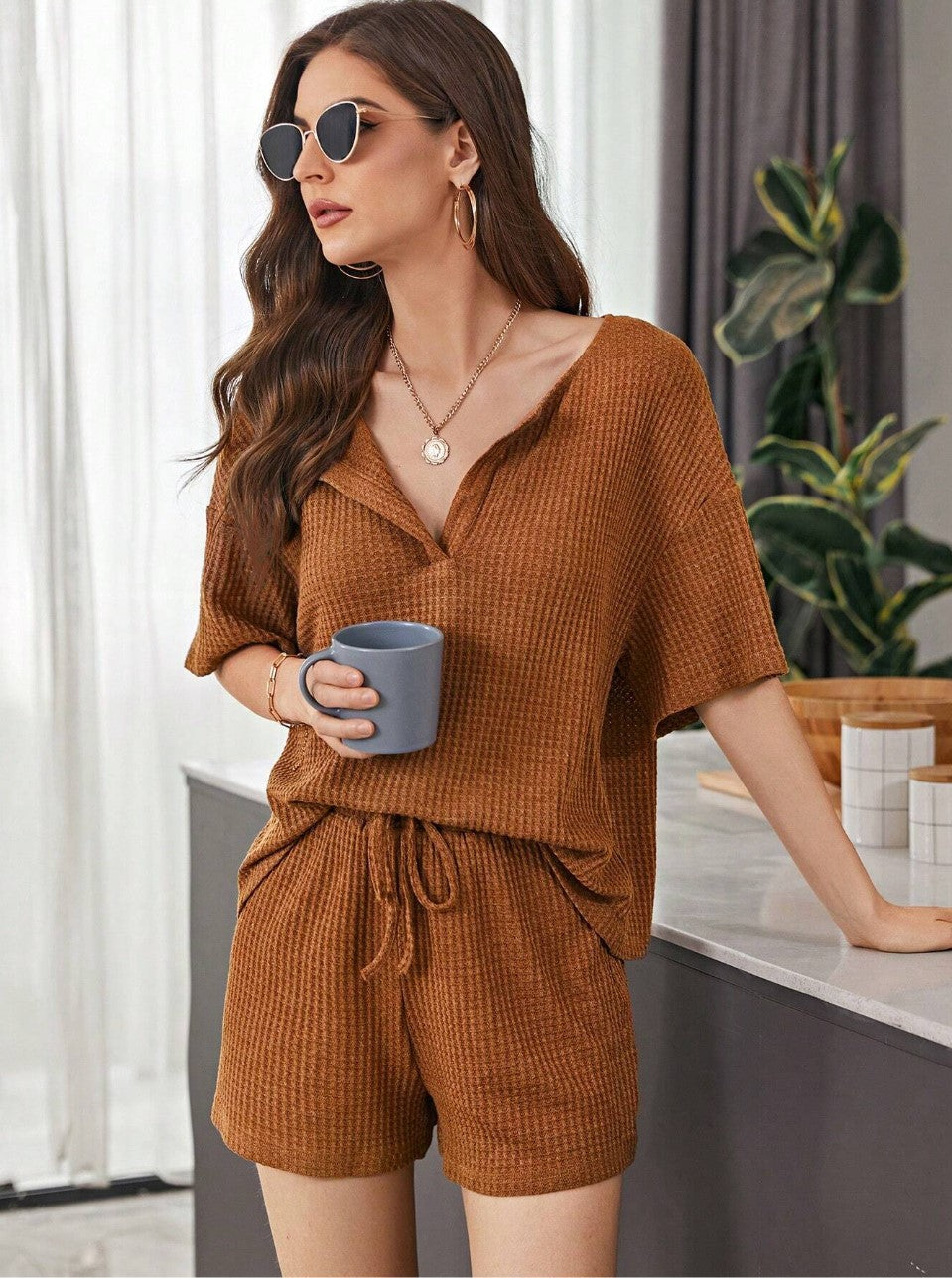 New Womens Short-Sleeve Waffle-Weave Casual Set