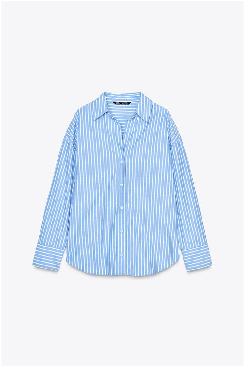 European And American Style Long Sleeve Lapel Loose Striped Poplin Shirt
