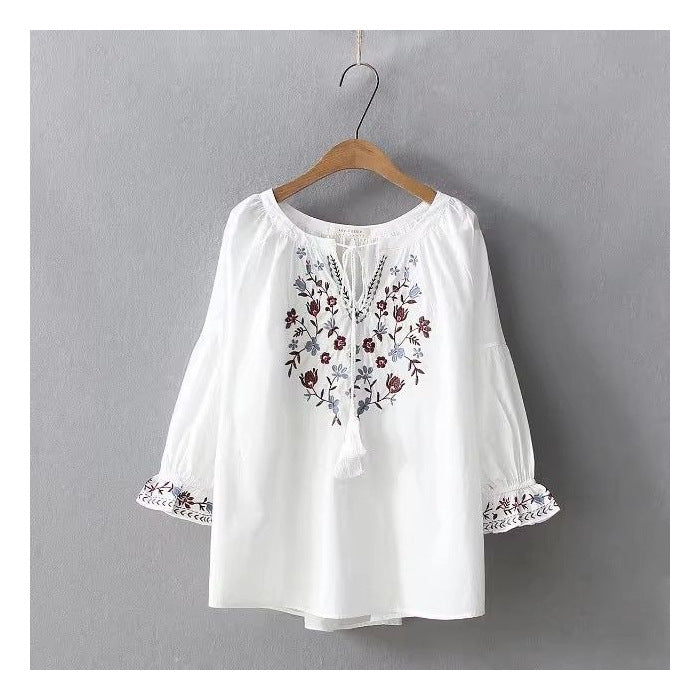 Womens Embroidered Lace-Trimmed Collar Puff-Sleeve TopBlouse