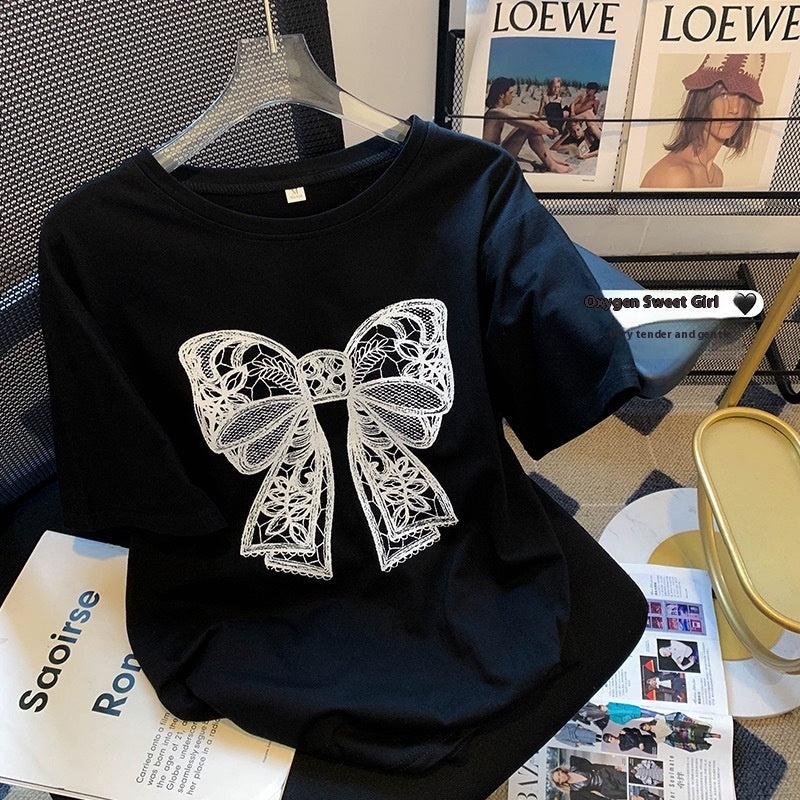 New Women's Fashion Bowknot Printed Short-sleeved T-shirt