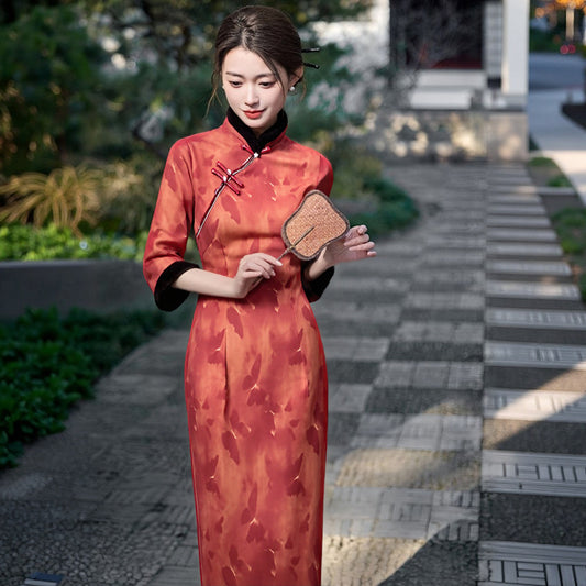 Traditional Chinese-style Dress With Three-quarter Sleeves