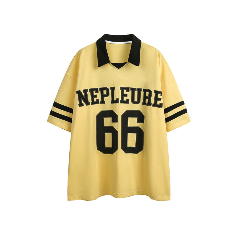 Preppy Style Stitching Contrast Color Short Sleeve Polo Shirt American Retro Jersey