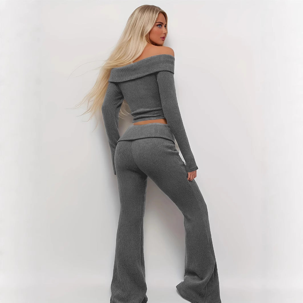 Women's Solid Color Off-Shoulder Long Sleeve Top And Flared Pants Set