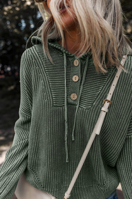 Women's Washed Rib Button Hoodie With Drawstrings Sweater