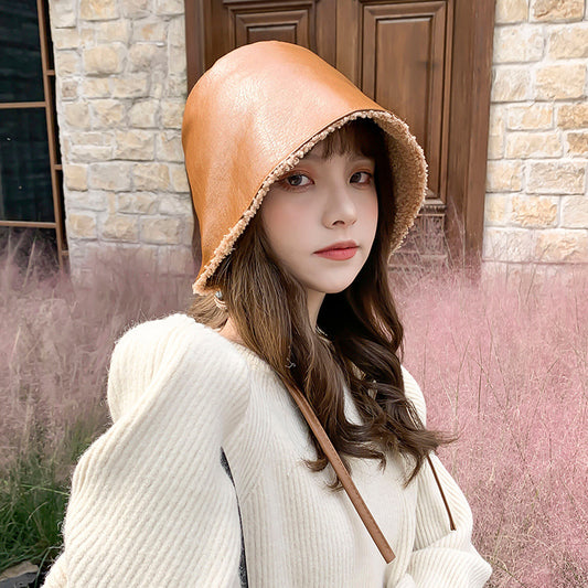 Lace Up Basin Hat With Rear Split PU Leather