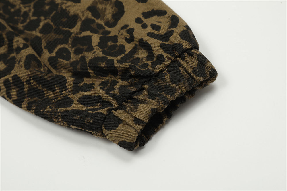 Men's Loose Casual Stand Collar Leopard Print Denim Jacket