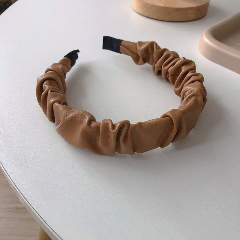 French High-end PU Leather Pleated Headband