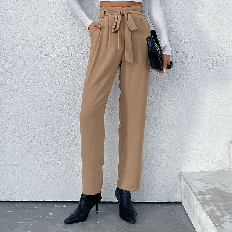 European And American Commuter Style Elastic Tie Wide Leg Pants For Women