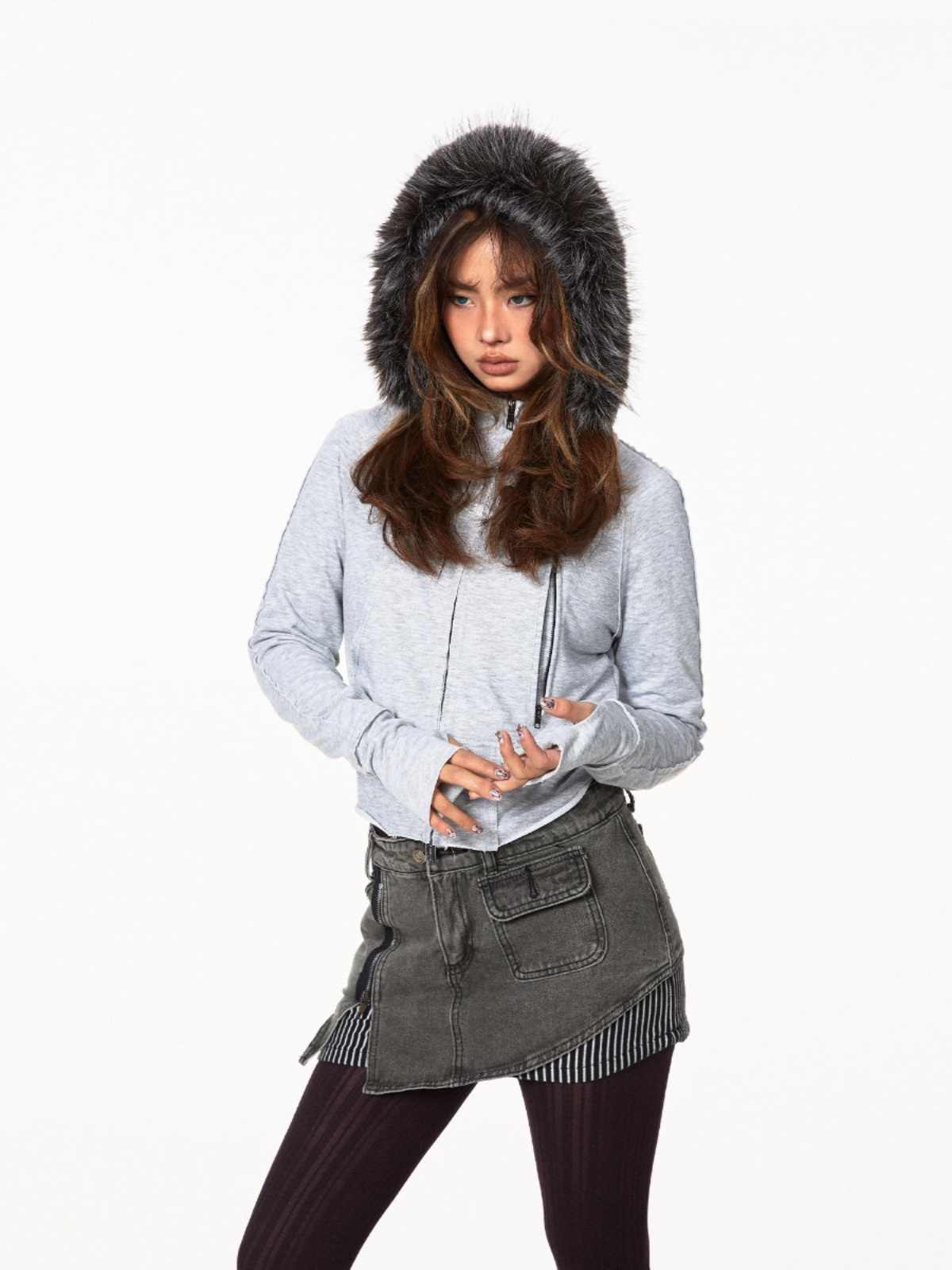 Hooded Cardigan Fur Collar Sweater Zipper Pocket Short Coat