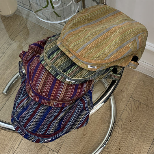 Japanese-style Retro Beret Women's All-matching Striped Plaid Makes Face Look Smaller